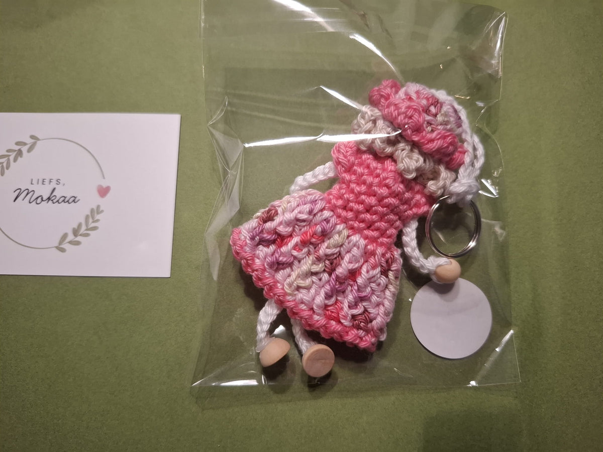 Meisje met Roze Roze Jurk - Handgemaakte Sleutelhanger