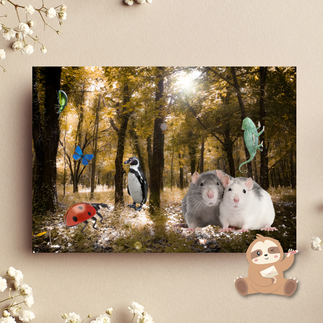 Ratten kameleon pinguin – Fantasiebos Ansichtkaart