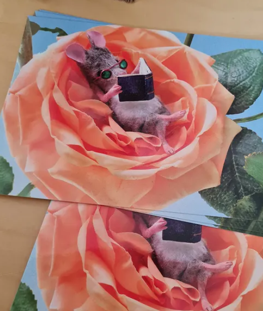 Muisje leest in bloem – Ansichtkaart