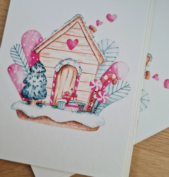 Roze Kersthuisje – Ansichtkaart