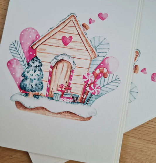 Roze Kersthuisje – Ansichtkaart