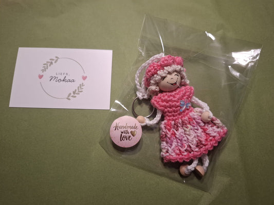 Meisje met Roze Roze Jurk - Handgemaakte Sleutelhanger