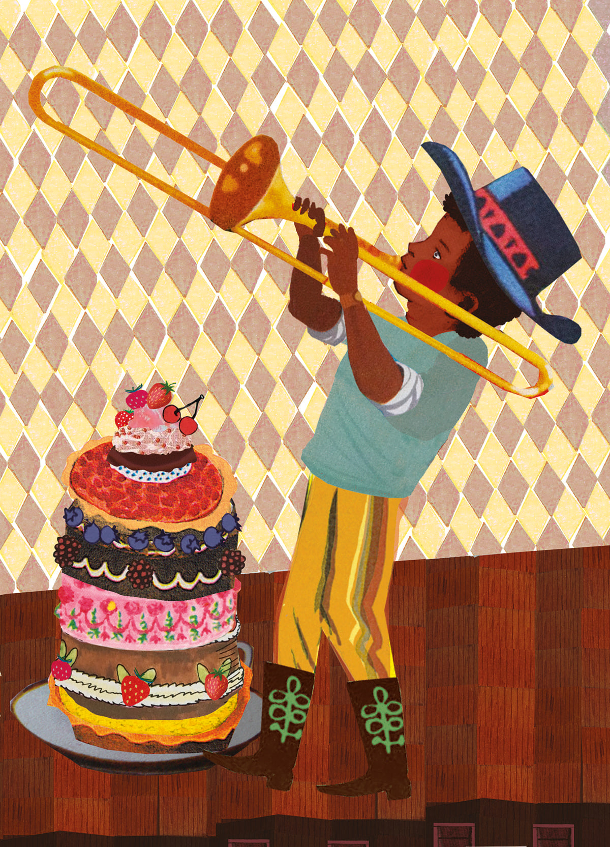 Jongen met Trombone – Taart Ansichtkaart