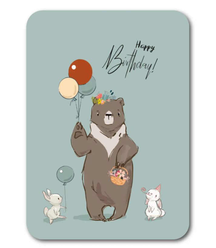 'Happy birthday!’ Beer met Konijntjes – Ansichtkaart