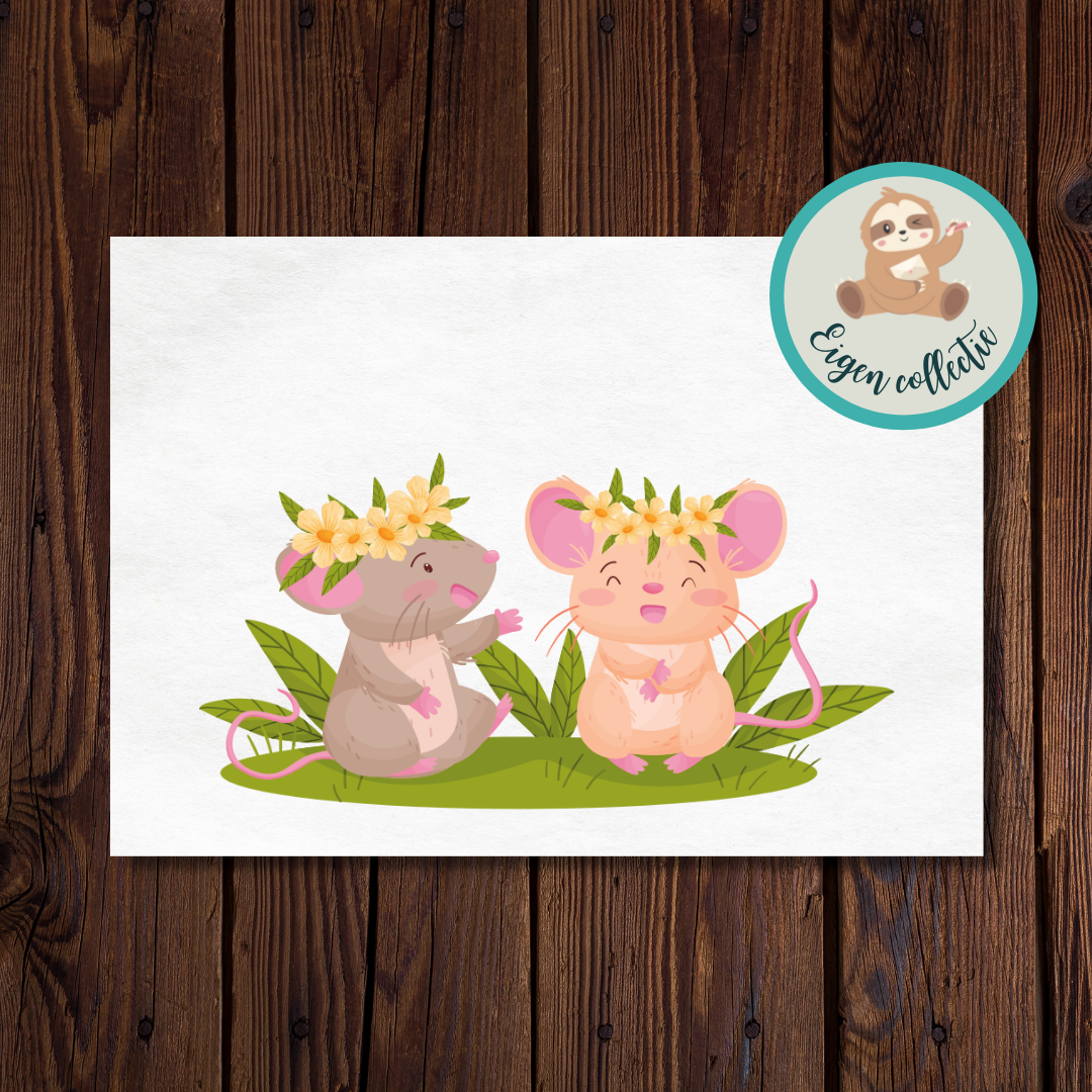 Muisjes met bloemenkransen - Ansichtkaart