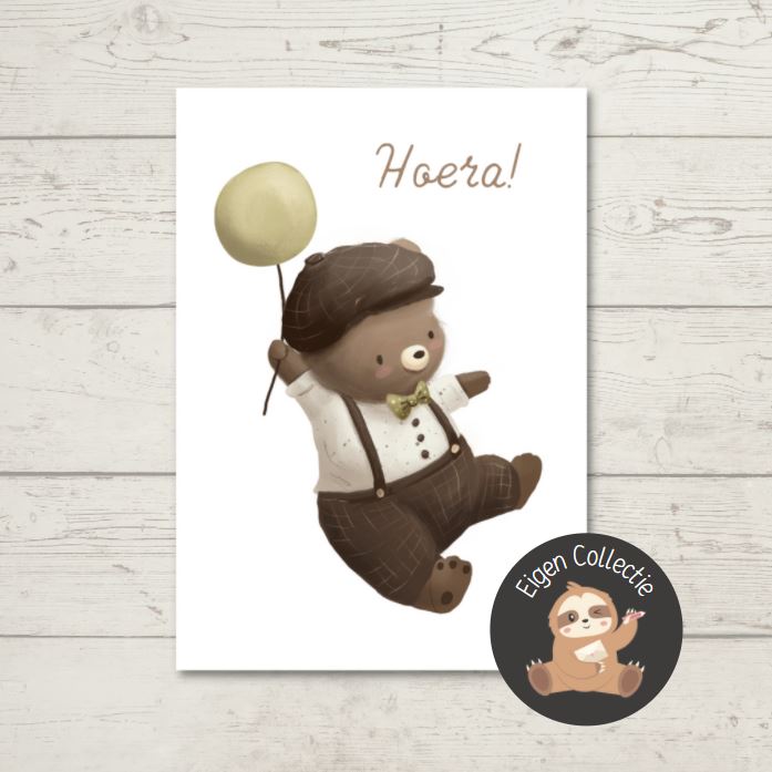 'Hoera!' Beertje met ballon - Ansichtkaart
