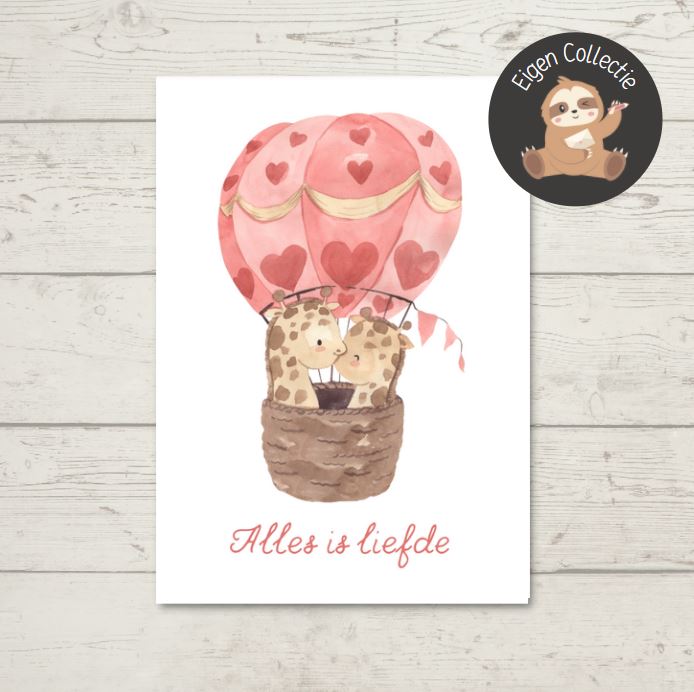 'Alles is liefde' - Giraffen Luchtballon Ansichtkaart