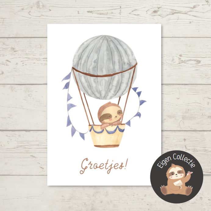 'Groetjes!’ Luiaard in Luchtballon – Ansichtkaart