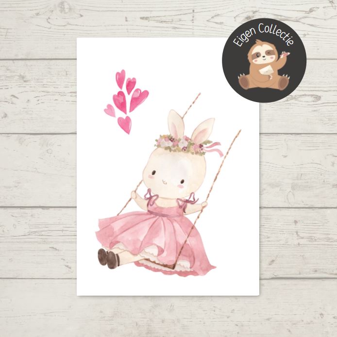 Konijn op schommel – Ansichtkaart