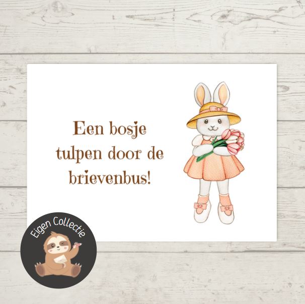 'Een bosje tulpen door de brievenbus’ – Konijn Ansichtkaart