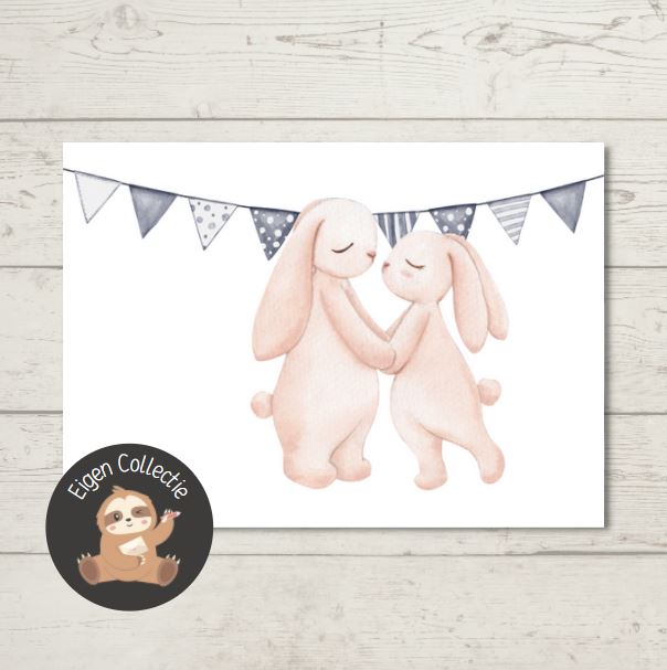 Twee konijnen samen – Vlaggetjes Ansichtkaart