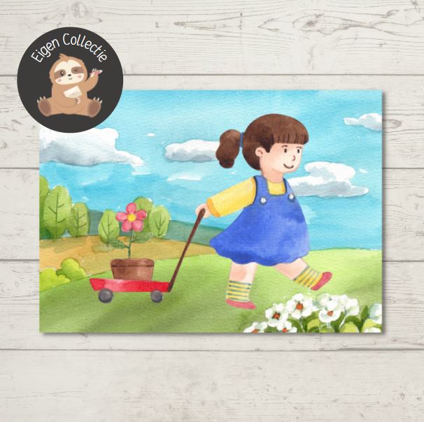 Meisje met karretje en plant – Ansichtkaart