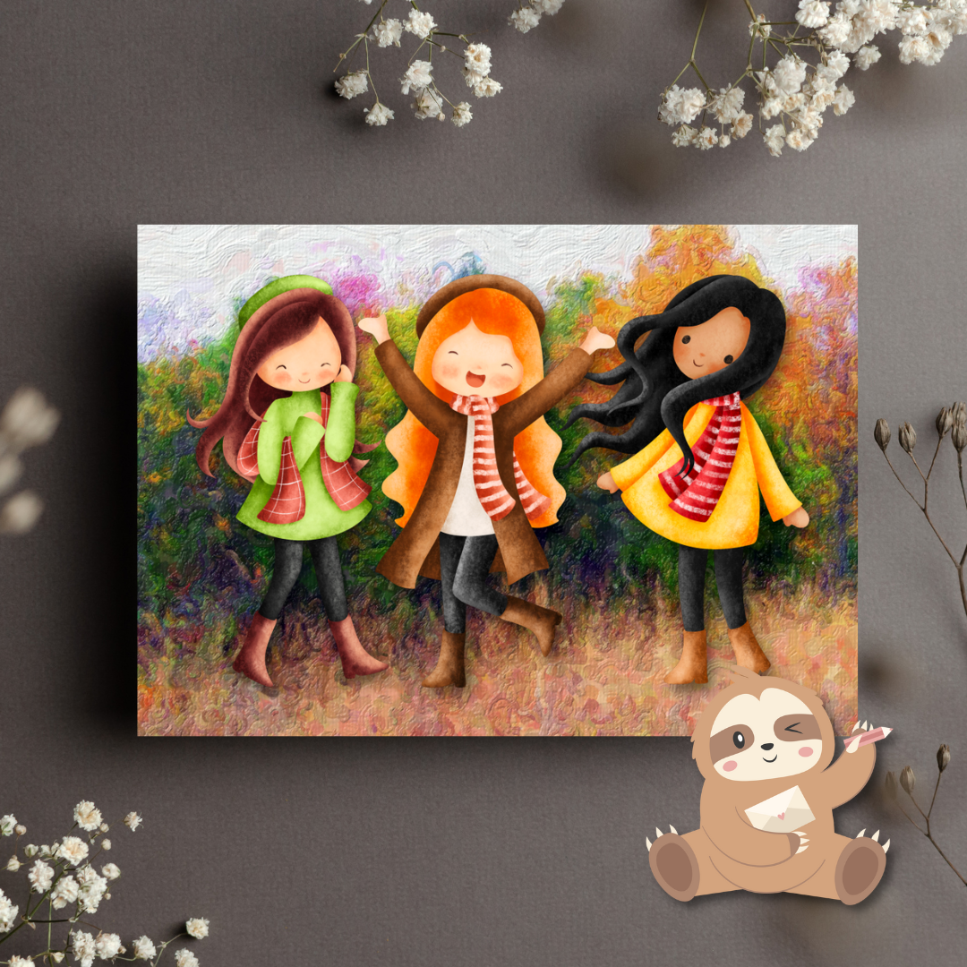 Drie vrouwen in herfst – Ansichtkaart