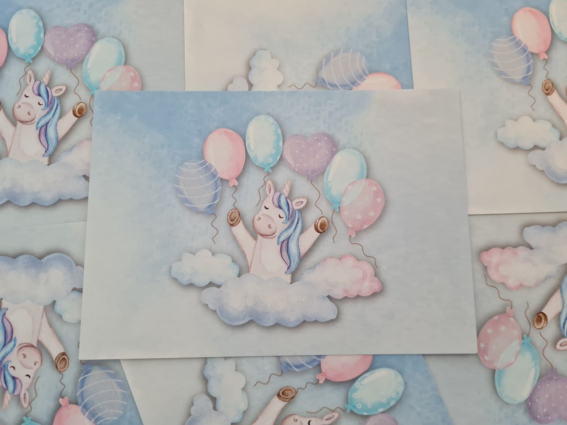 Eenhoorn met ballonnen – Ansichtkaart
