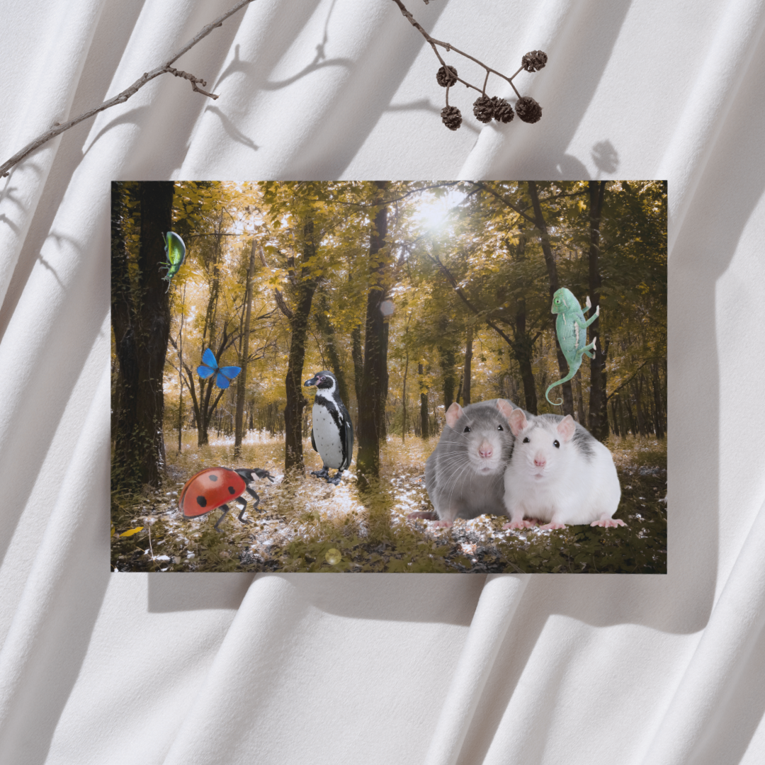 Ratten kameleon pinguin – Fantasiebos Ansichtkaart