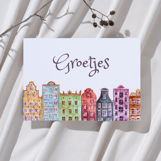'Groetjes' - Grachtenpanden Gekleurd Ansichtkaart