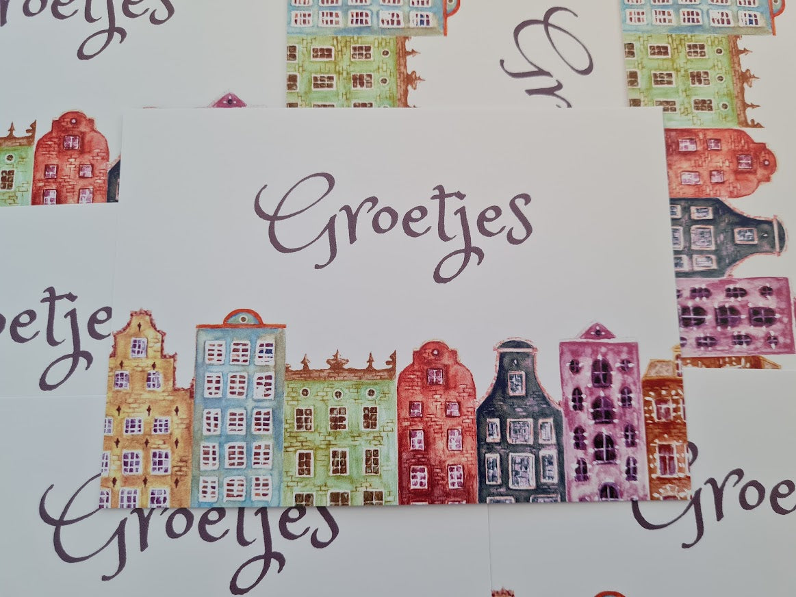 'Groetjes' - Grachtenpanden Gekleurd Ansichtkaart