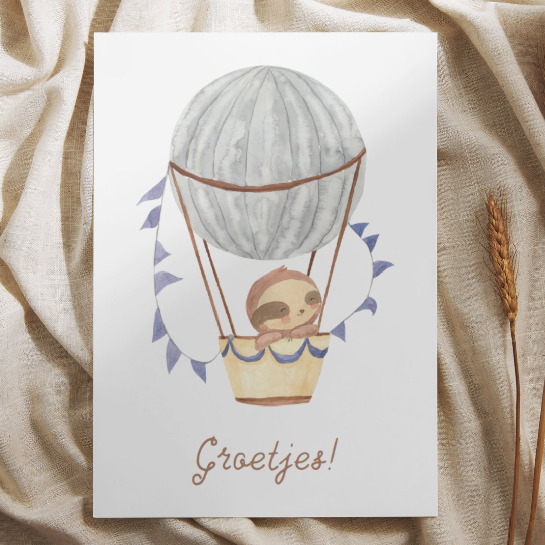 'Groetjes!’ Luiaard in Luchtballon – Ansichtkaart