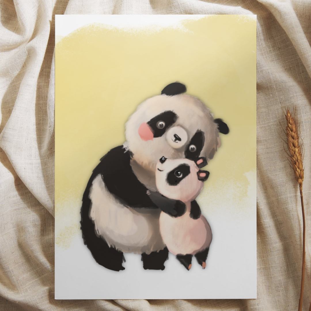 Grote panda knuffelt kleine panda - Ansichtkaart