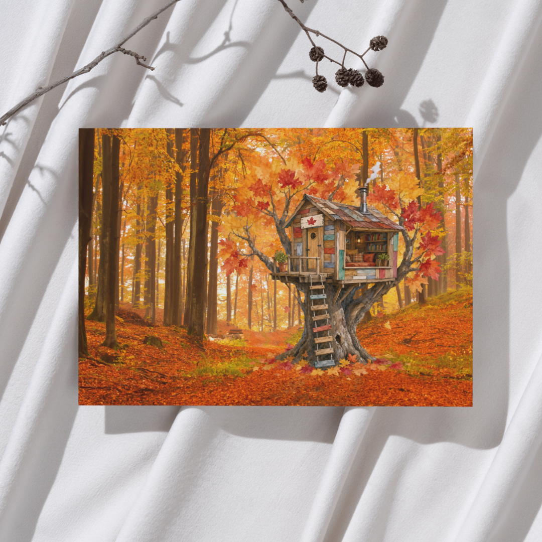 Boomhut in Herfst Bos - Ansichtkaart