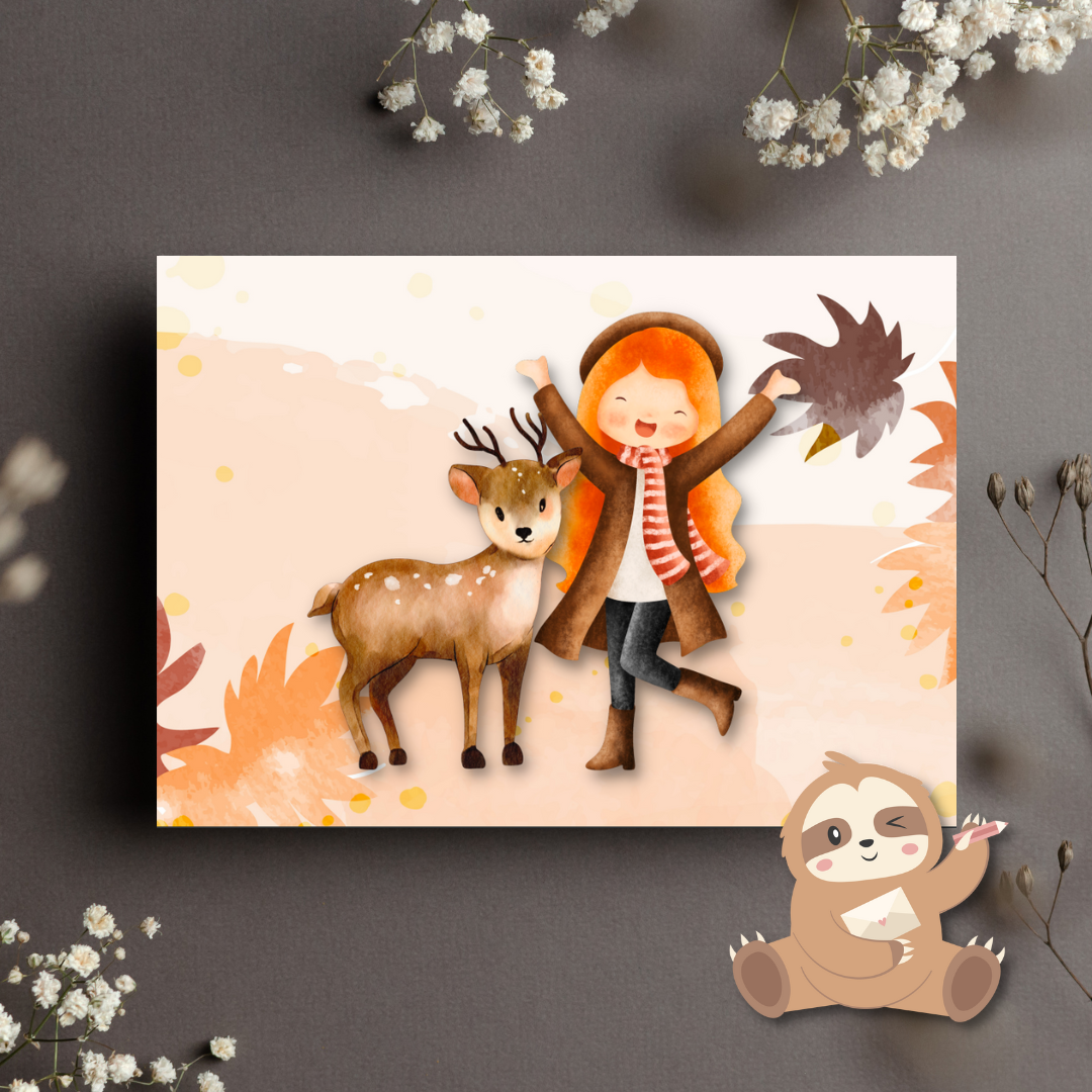 Hertje en vrouw – Ansichtkaart
