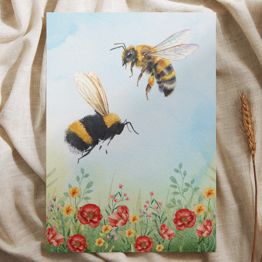 Hommel en Bij met Bloemen - Ansichtkaart