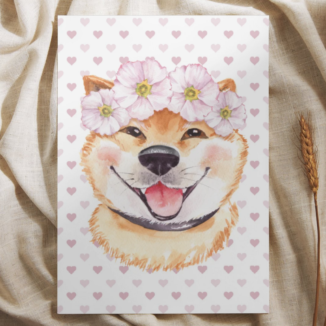 Hond met bloemenkrans - Ansichtkaart