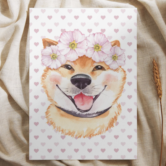 Hond met bloemenkrans - Ansichtkaart