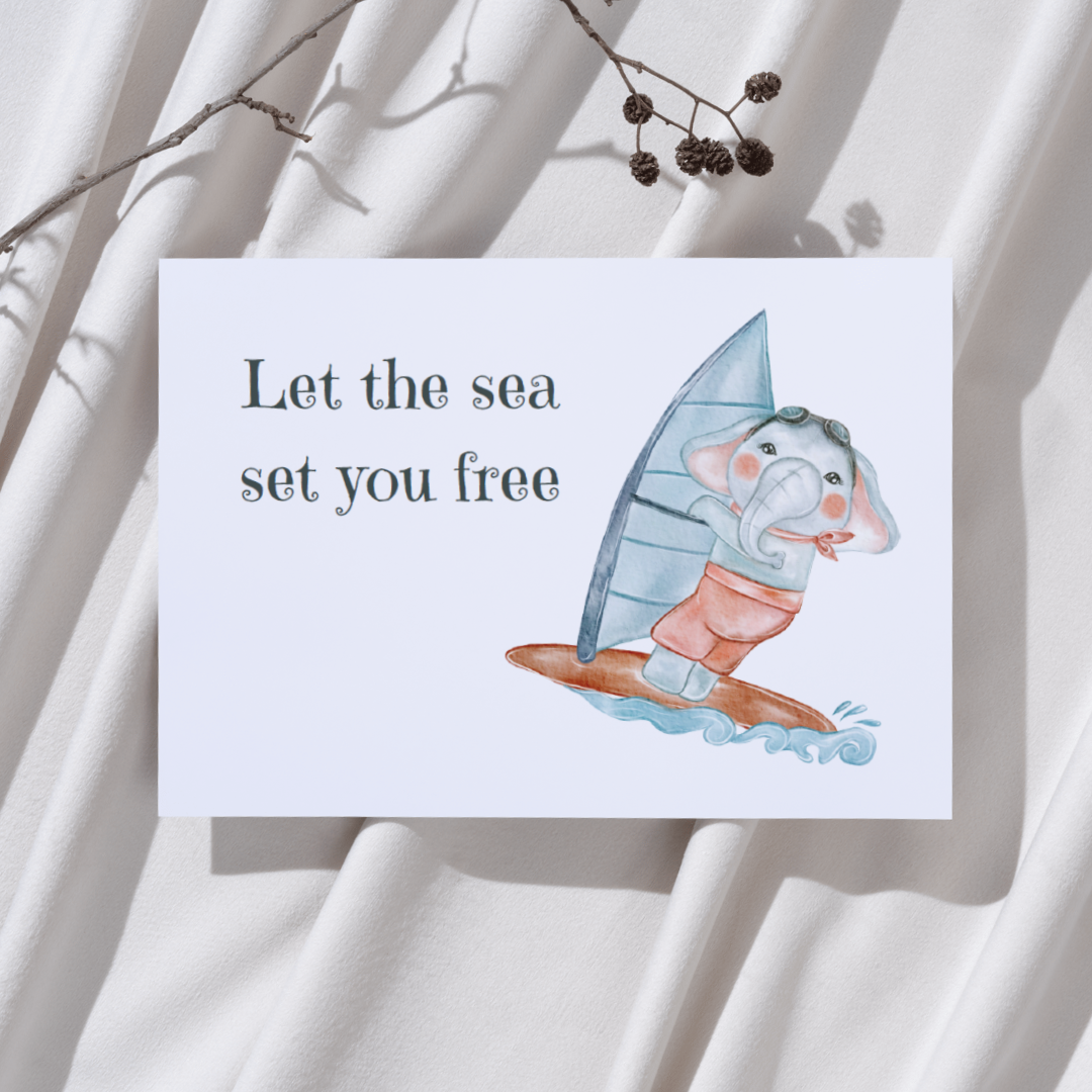 'Let the sea set you free’ – Olifant Surfen Ansichtkaart
