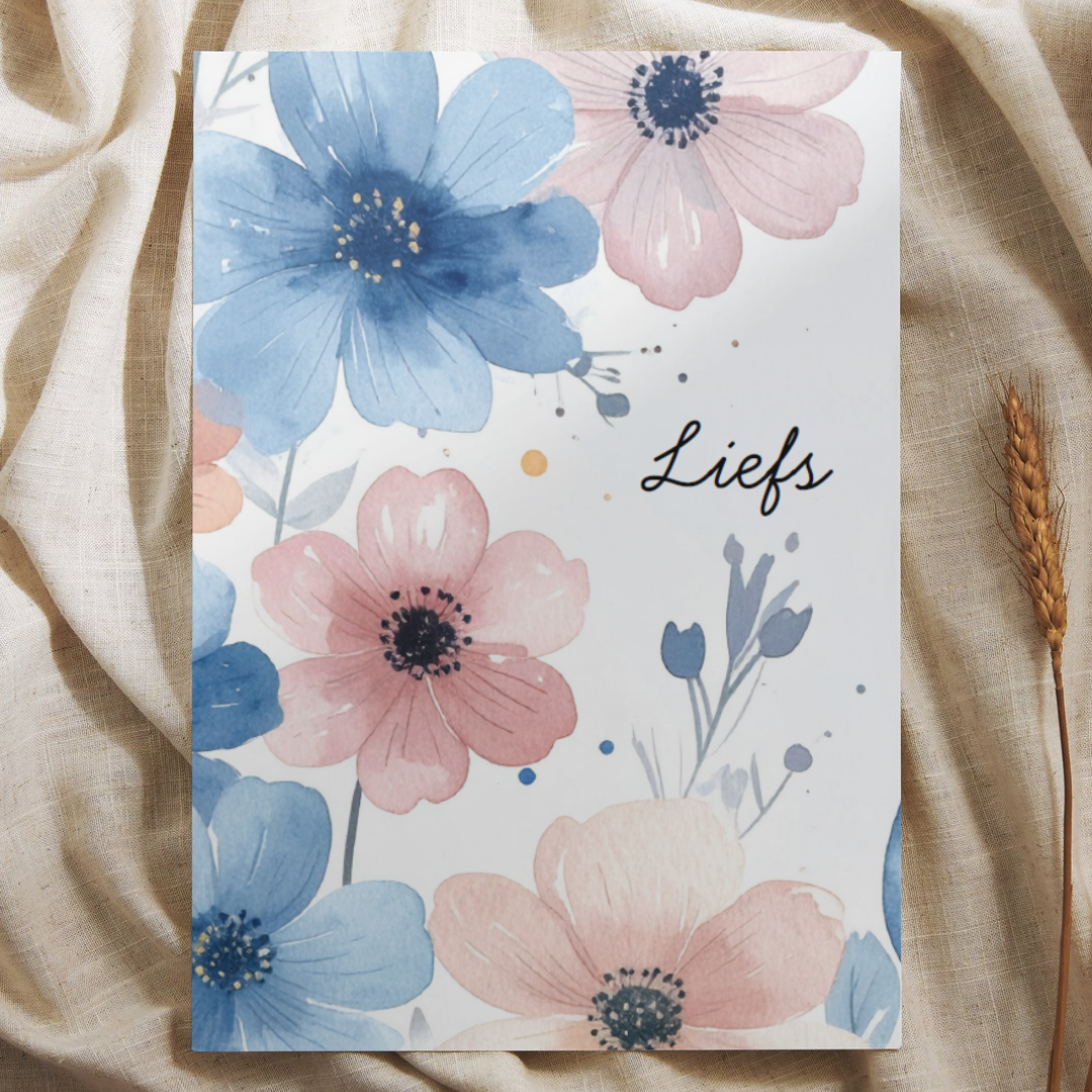 'Liefs' Blauwe en Roze Bloemen - Ansichtkaart