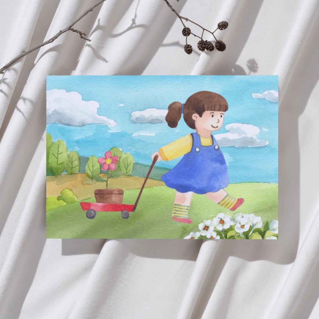 Meisje met karretje en plant – Ansichtkaart