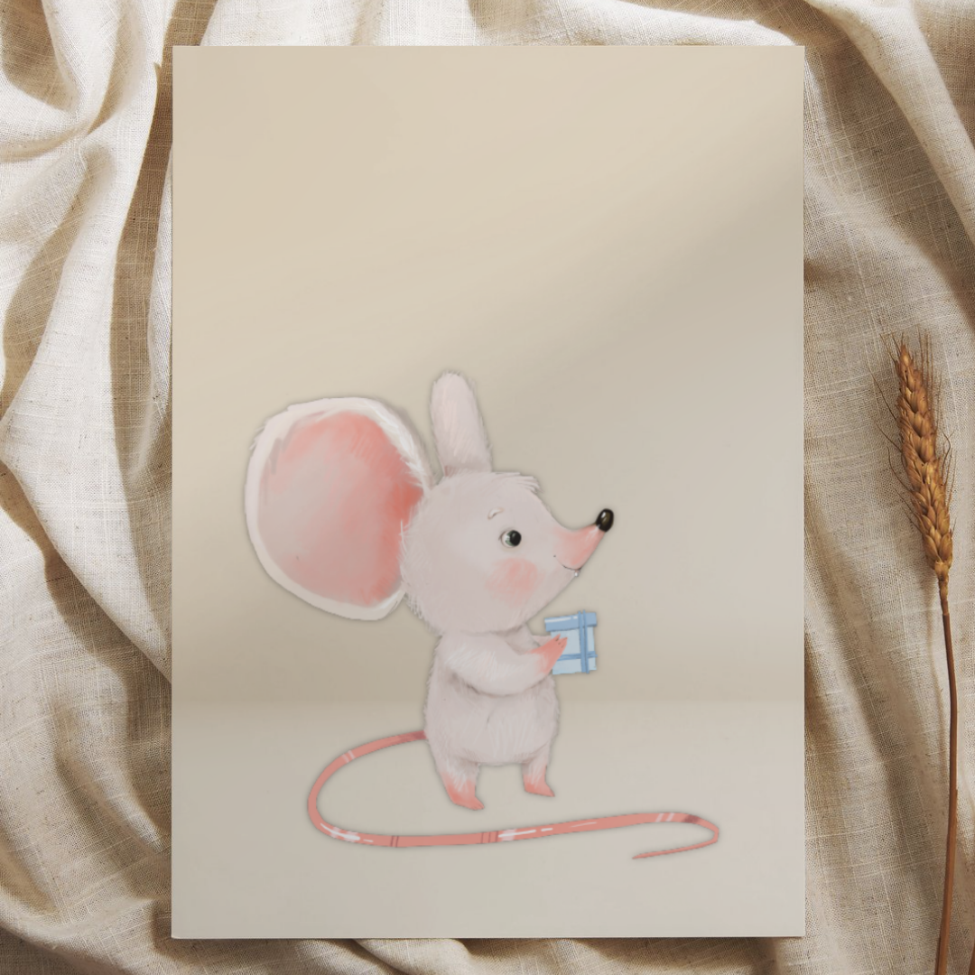 Muisje met Cadeautje - Ansichtkaart