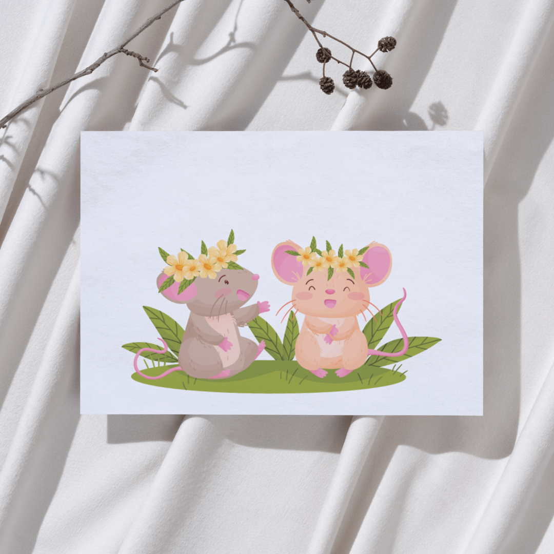 Muisjes met bloemenkransen - Ansichtkaart