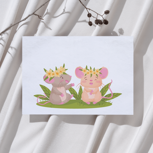 Muisjes met bloemenkransen - Ansichtkaart