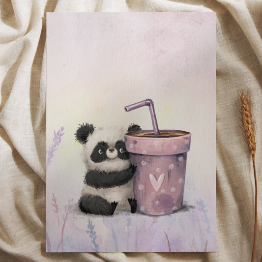 Panda met Drinken - Ansichtkaart