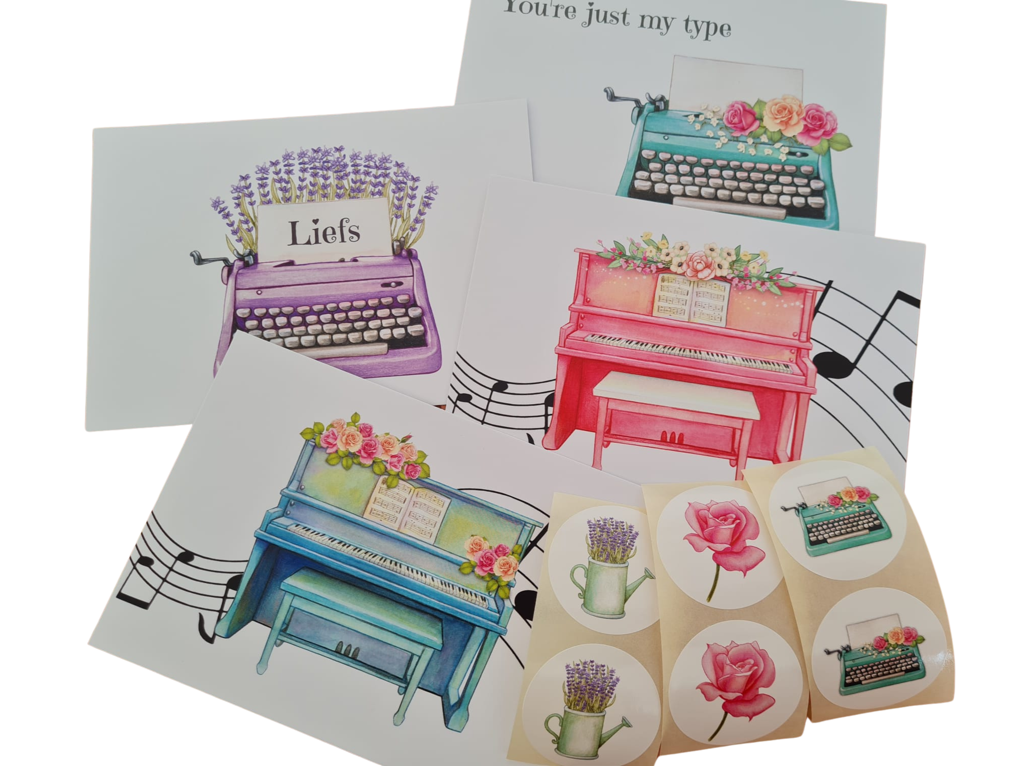 Typemachines en piano's - Set van 4 Ansichtkaarten en 6 Stickers